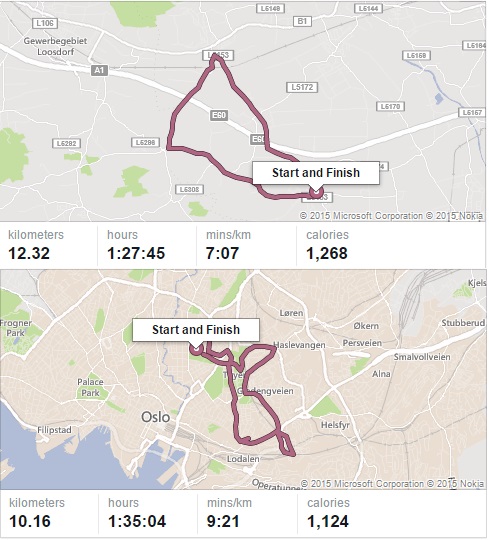My dad's running route in Austria on top and my running route in Norway at the bottom